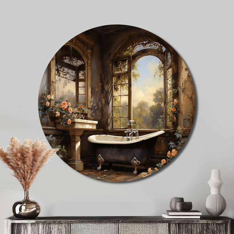 «Bathroom Vintage Elegance I - Humour», art rond en métal, H 23 po x l 23 po
