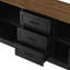 Bureau assis-debout en L noir/noyer de 140 cm (55 po) de large avec armoire de rangement et réglage en hauteur.
