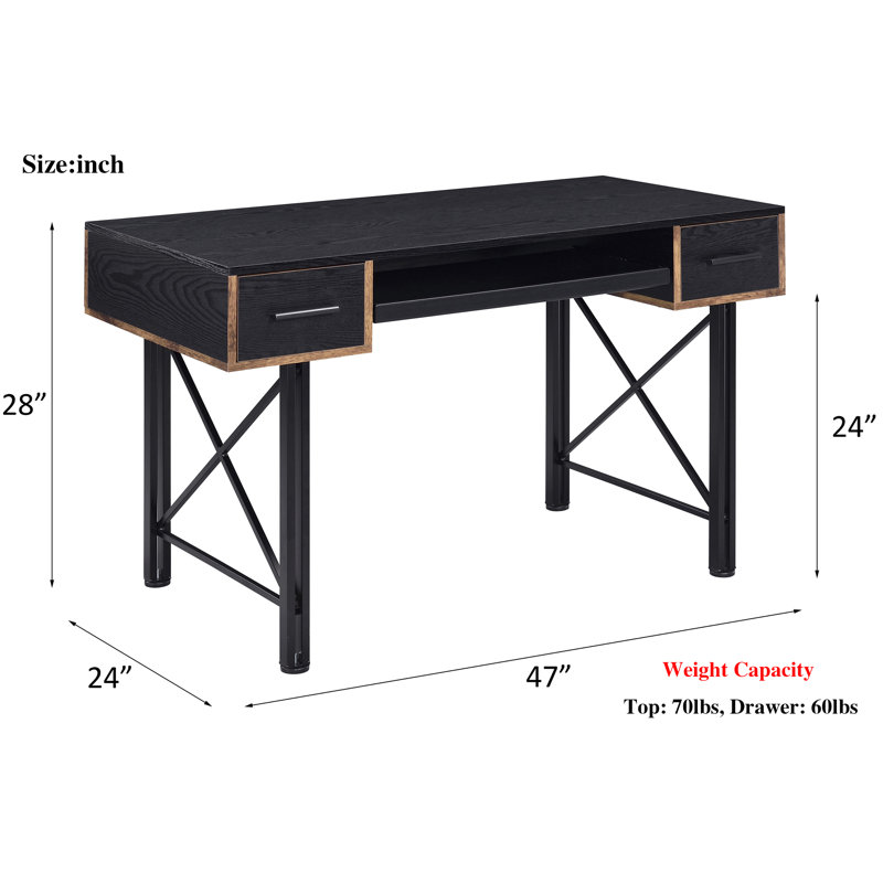 Modern Computer Desk with Distressed Casegood & Black Metal Frame, Double Pedestal Base & X-Shaped Support for Home Office