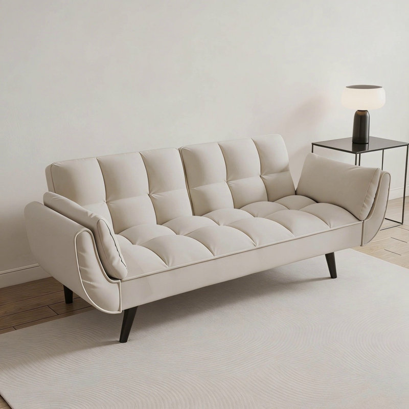 Canapé de 74 pouces beige avec accoudoirs moelleux et coussins décoratifs, parfait pour les petits appartements et les chambres à coucher