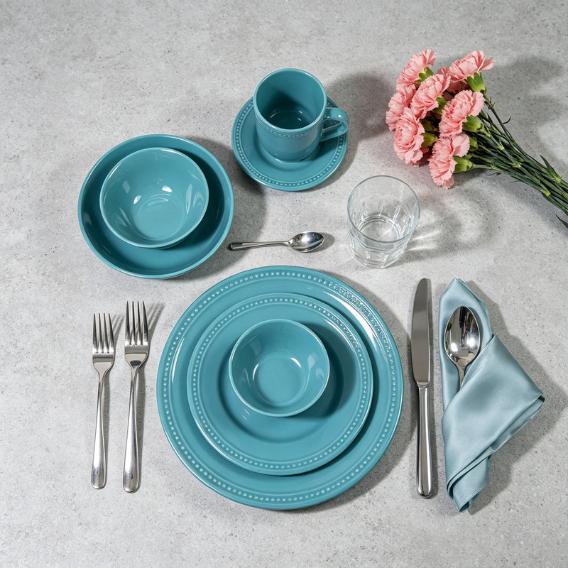 Service de table 56 pièces en grès à pois nacrés HomeVSS, pour 11 personnes, Turquoise