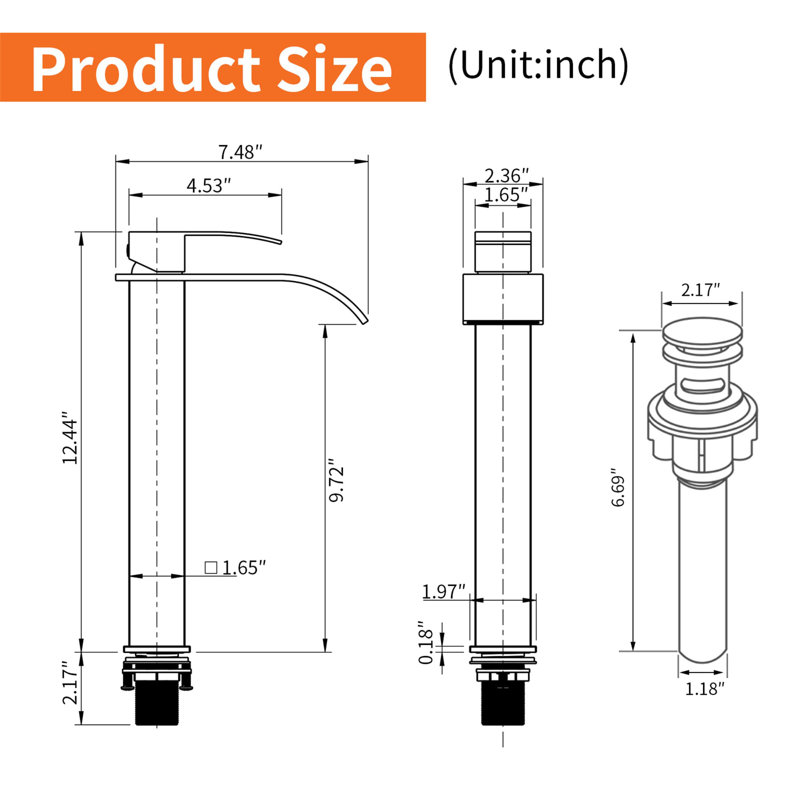 Single Hole Bathroom Vessel Faucet With Pop-Up Drain Assembly Waterfall Bathroom Vessel Sink Faucets Stainless Steel Single Handle Tall Bathroom Basin Taps