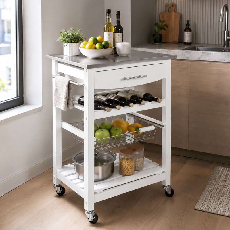 Chariot d'îlot de cuisine mobile en bois massif blanc, comptoir en acier inoxydable avec tiroirs, paniers grillagés en métal, chariot de salle à manger multifonctionnel avec roues freinées.
