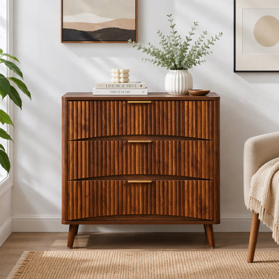 Fluted 3 Drawer Dresser, Mid-Century Modern Tall Chest of Drawers with Vertical Grooved Design, Solid Wood Storage Cabinet