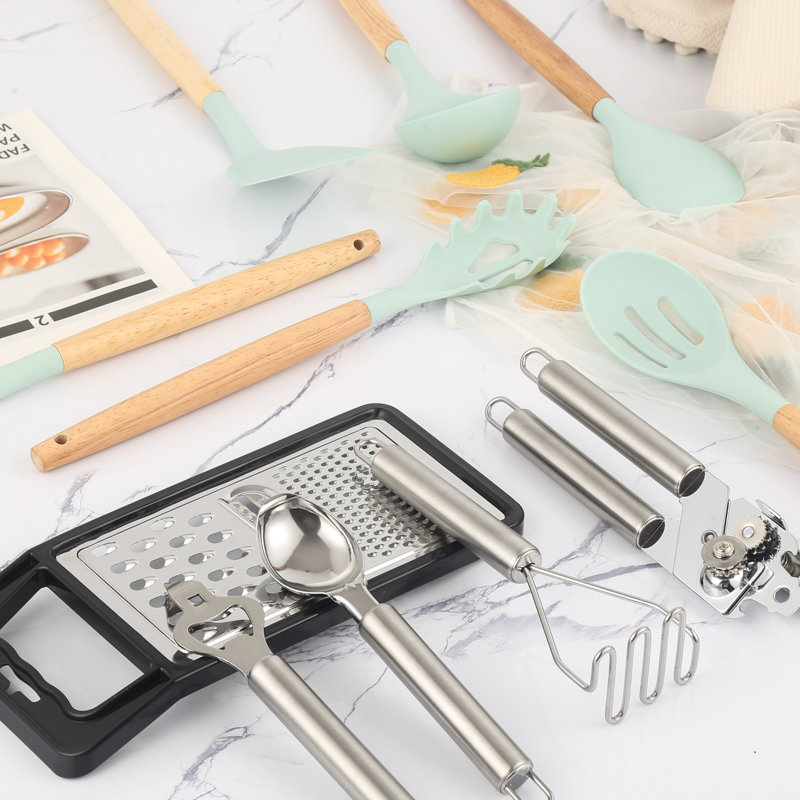 Ensemble d'ustensiles de cuisine en silicone 44 pièces avec support, spatule antiadhésive résistante à la chaleur et outils pour gadgets avec poignées en bois, vert