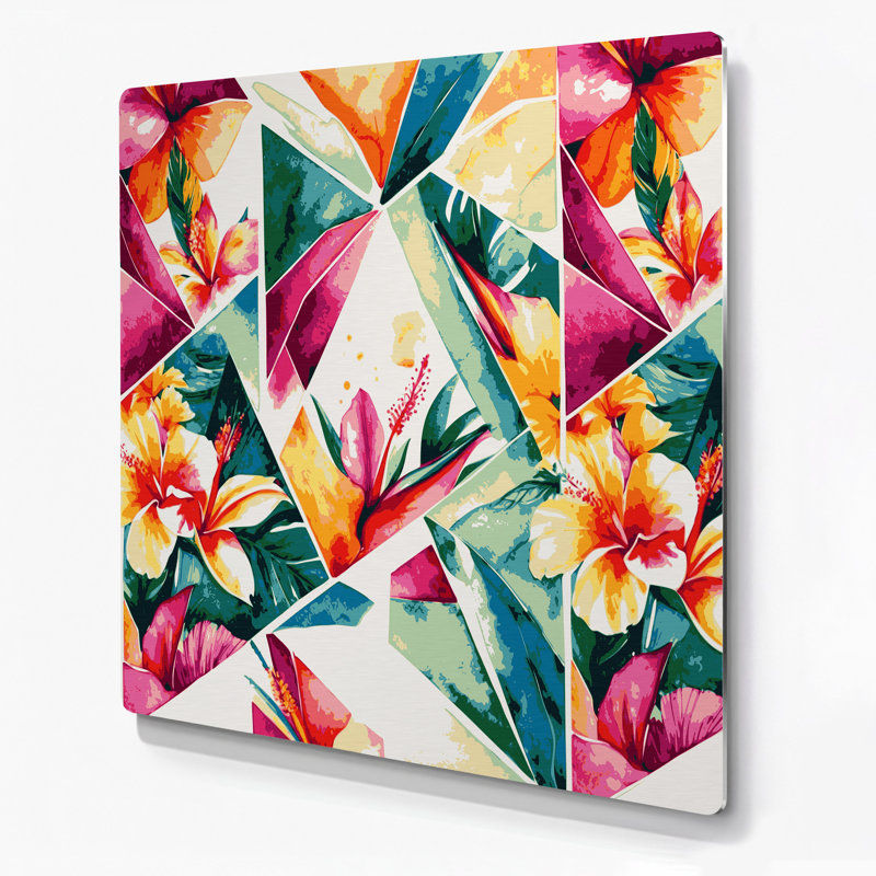 Art mural hawaïen avec fleurs géométriques beiges, H 12 po x l 12 po