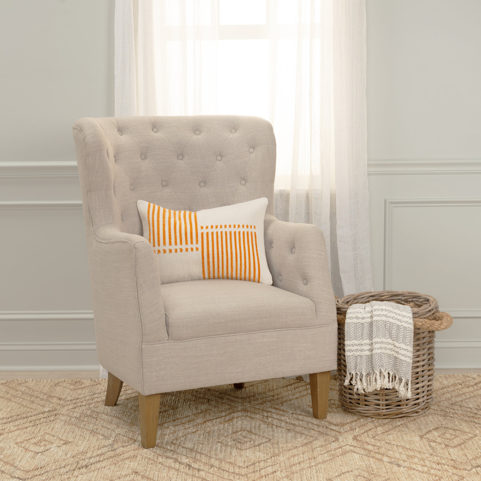 Carlus Striped Cotton Lumbar Throw Pillow, Natural/Orange