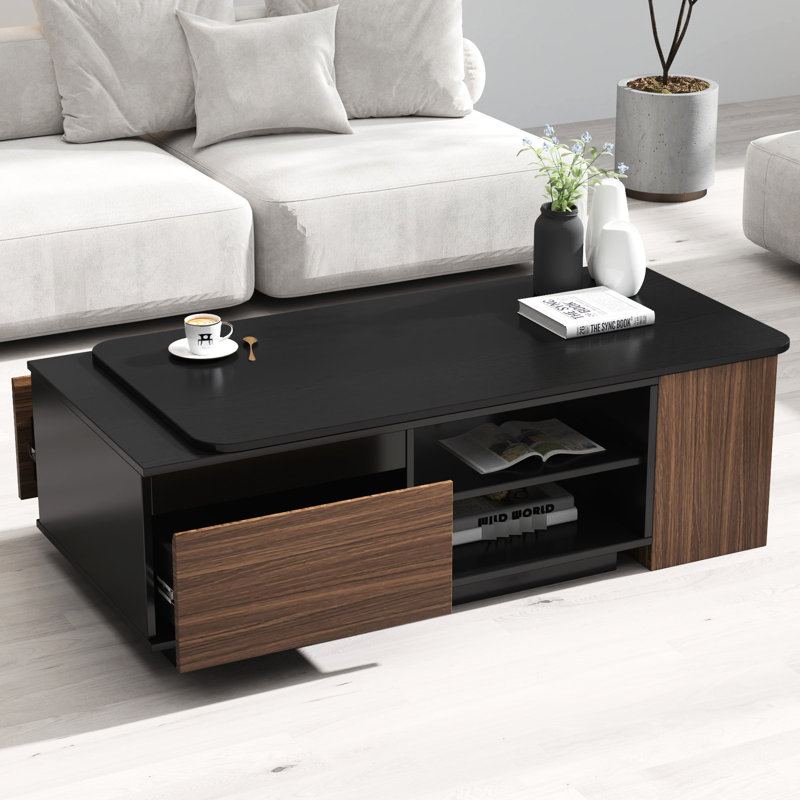 Table basse extensible à 2 tiroirs - noire, rectangulaire, pour la décoration intérieure