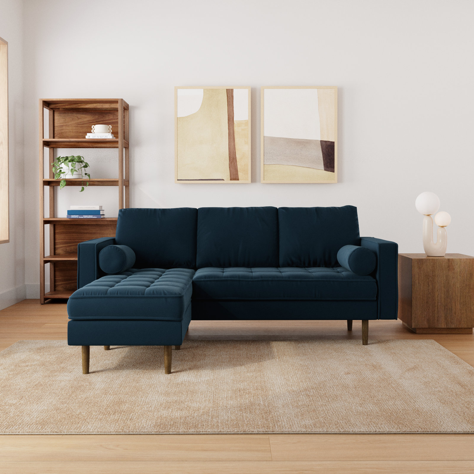 Geo 84" Wide Reversible Sofa and Chaise, Bella Ink Blue Performance Velvet