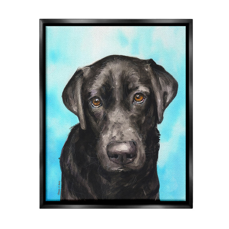 «Black Lab Portrait On Blue» par George Dyachenko sur toile, Cadre flottant noir de jais, H 21 po x l 17 po