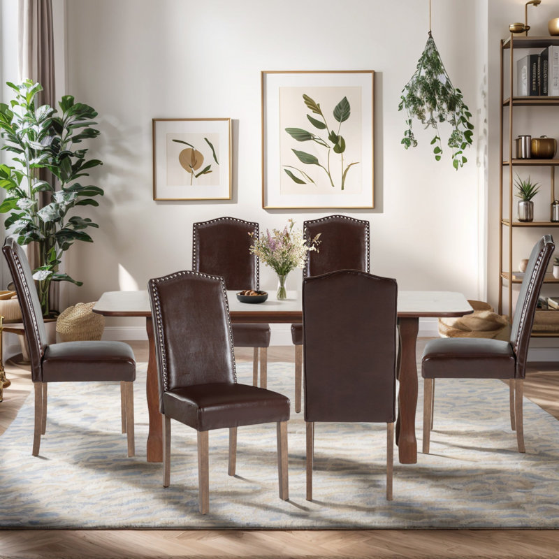 Stylish Upholstered Parsons Dining Chair PU Faux Leather With Silver Nailhead Trim And Sturdy Solid Wood Legs, Dark Brown