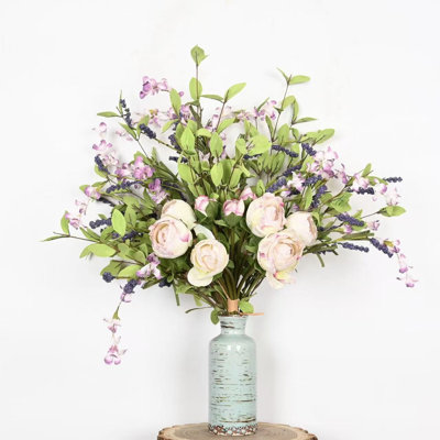 24" Artificial Spring Summer Peony Wildflower Berry Floral Arrangement In Vase, Farmhouse Greenery Foliage Branch Long Stem Floral Bulk Bouquet For Wedding Party Home Office Table Centerpiece Shelf Decorations