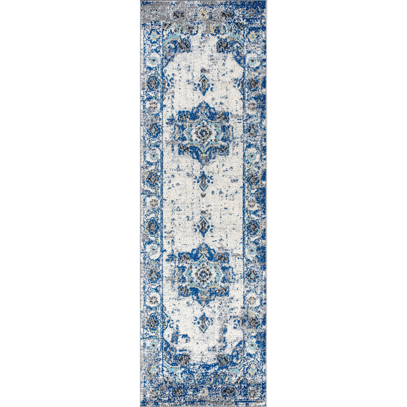 Tapis ivoire / bleu Lathem, Tapis de couloir 2 pi 3 po x 8 pi