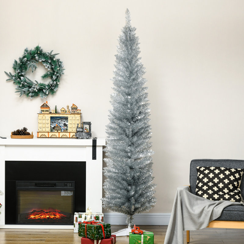 Arbre de Noël décoré 7 pi, arbre de Noël crayon avec 499 branches réalistes et support en plastique, argent, H 7 pi