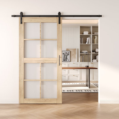 Homacer 26in x 80in 8-Lite Glass Design Unassembled & Unfinished Barn Door with Hardware Kit, interior use only