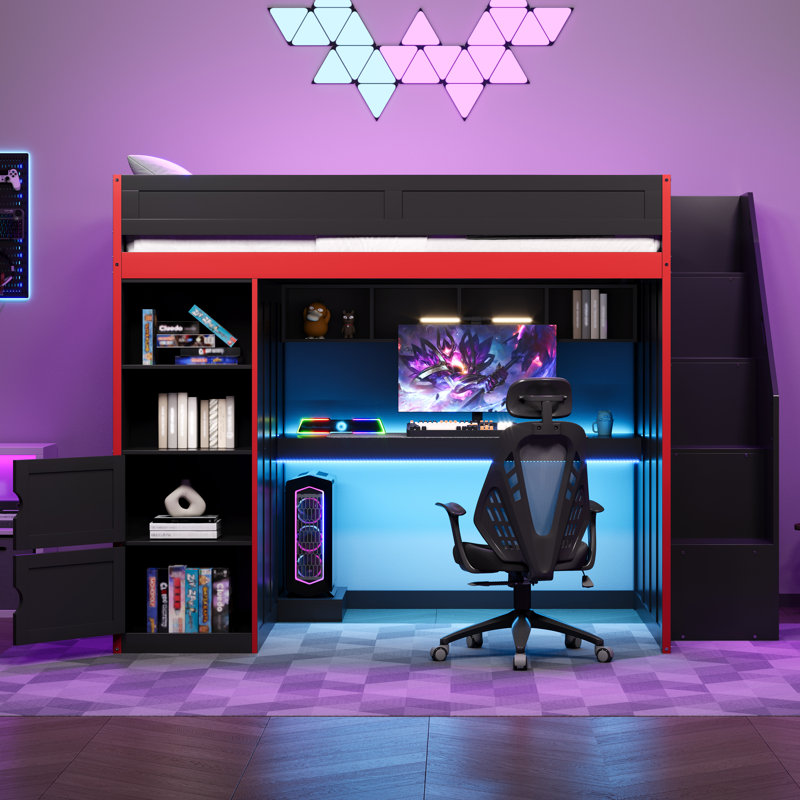 Lit mezzanine avec bureau et rangement, lumières DEL, double Gaming