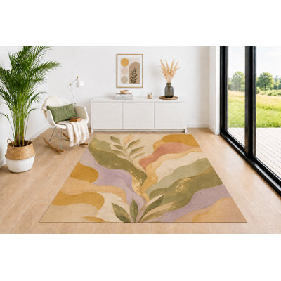 "Ultra Lightweight" 5'x7' Modern Area Rug, Flowing Leaf and Curved Wave Design in Sage Green Mustard Terracotta Beige Lavender, Neutral Carpet for Living Room Bedroom Office Decor