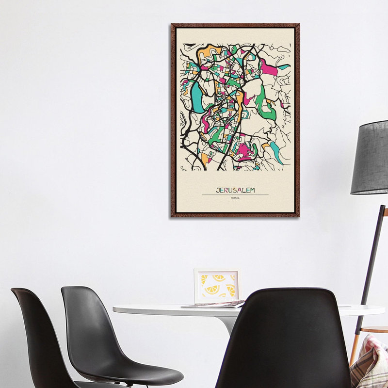Jerusalem, Israel Map by Ayse Deniz Akerman - Floater Frame Gallery-Wrapped Canvas Giclée on Canvas