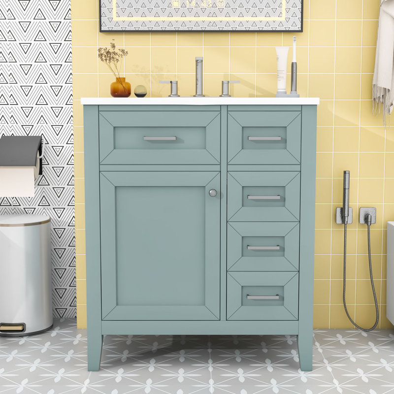 Meuble-lavabo de salle de bain avec lavabo en céramique, 3 tiroirs et armoire de rangement, Vert