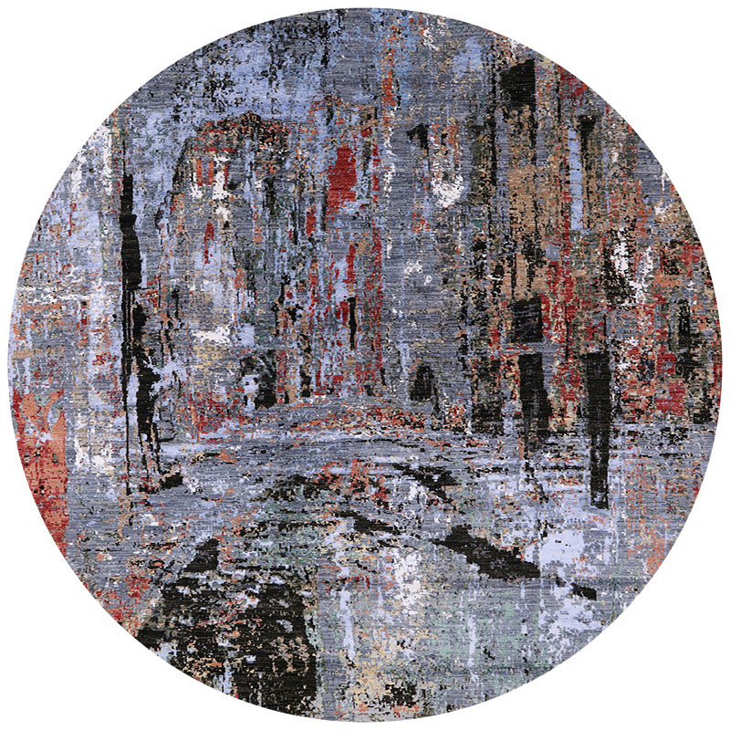 Tapis bleu / noir / mauve à motif abstrait Bruceton, Rond 6 pi