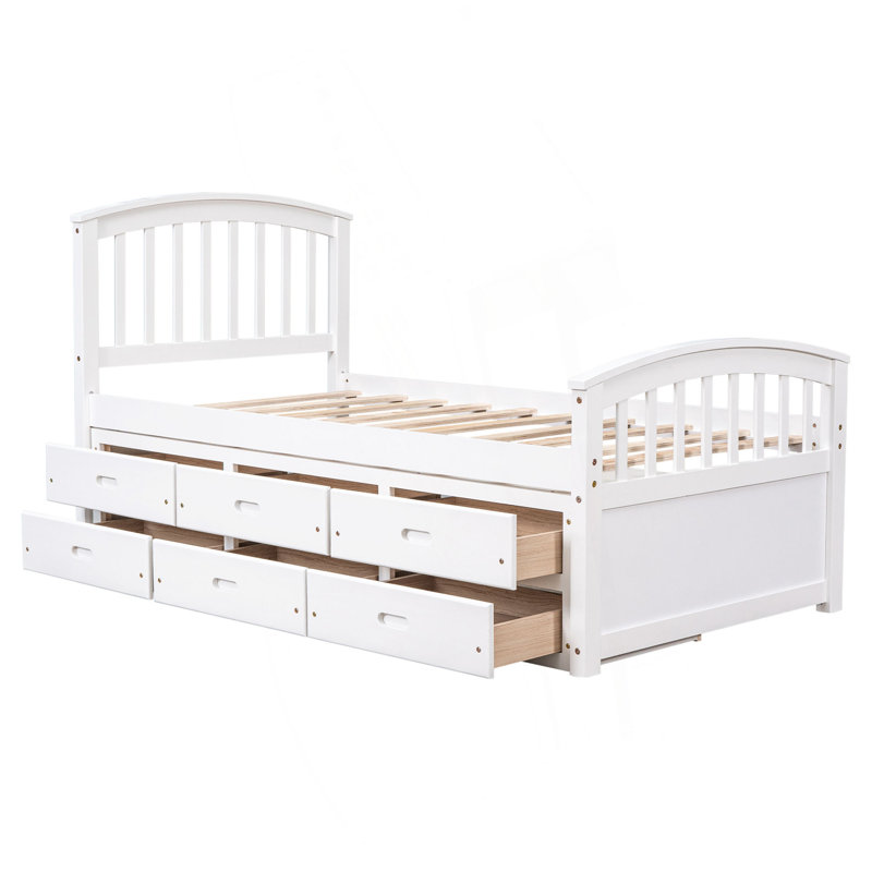 Lit plateforme simple en bois massif avec 6 tiroirs, Blanc
