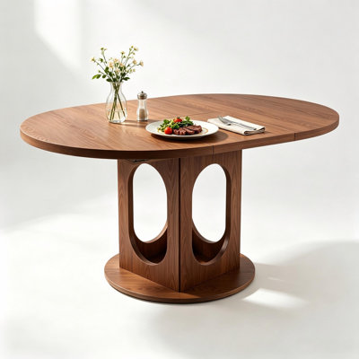 Expandable Oval Dining Table Hidden Storage, Pedestal Base Kitchen Table, Seats 4-6, Round-to-Oval, Walnut