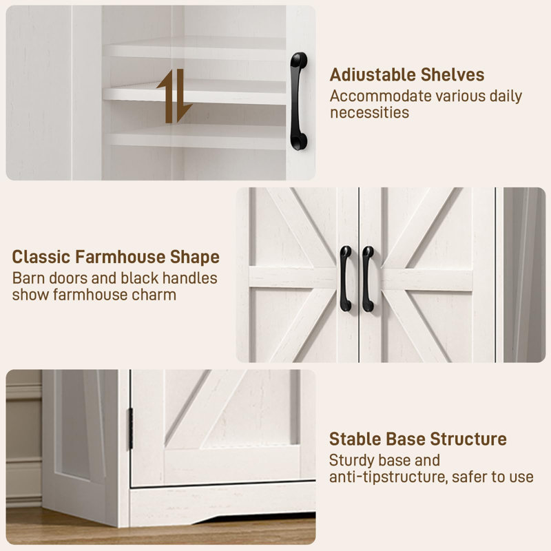White Farmhouse Bathroom Storage Cabinet with Adjustable Shelving