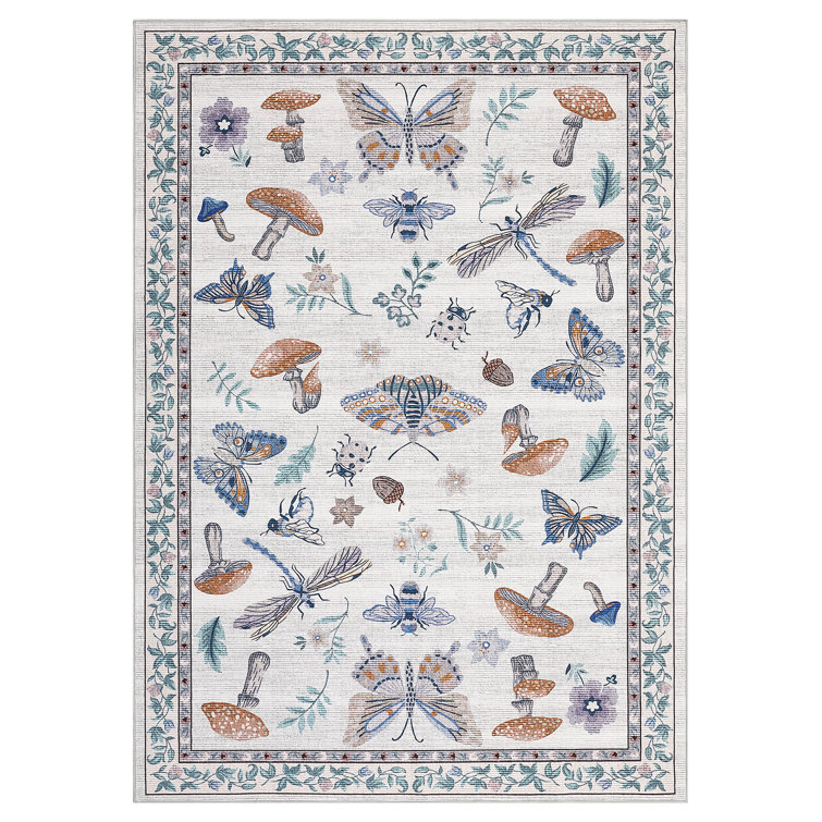 Floral Machine Washable Rug with Non-Slip Backing, Soft Thin Low Pile Non Shedding Floor Carpet, Indoor Foldable Printed Accent Mat for Living Room/Nursery/Bedroom