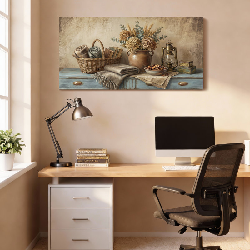 «Rustic Still Life with Basket» et lanterne sur toile tendue, ensemble de 1 reproduction d'art, H 28 po x l 58 po