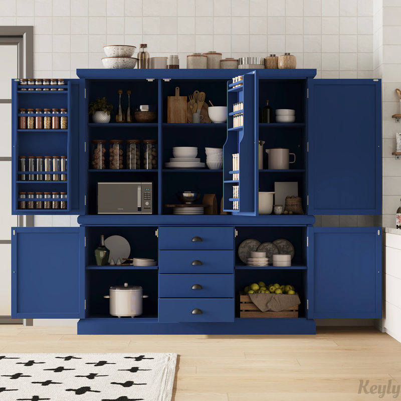 Armoire de cuisine 73 po avec rangement et garde-manger autoportants en bois, Bleu