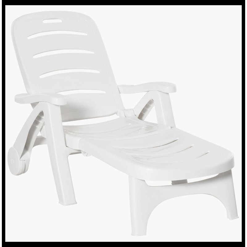 Sleek Outdoor Chaise Lounge, 5-Level Adjustable Backrest Lounge Chair With Lockable Wheels, Folding Sun Tanning Chair For Pool, Beach, Patio, Garden (White)