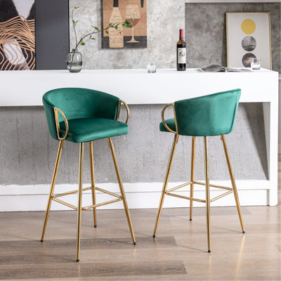 Paire de tabourets de bar de 30 po, repose-pieds et base, revêtement en velours, rembourrage en mousse, 19,31 po Profondeur, 20,58 de largeur, 38,64 de hauteur, repose-pieds de 2 po, pieds dorés, tissu,