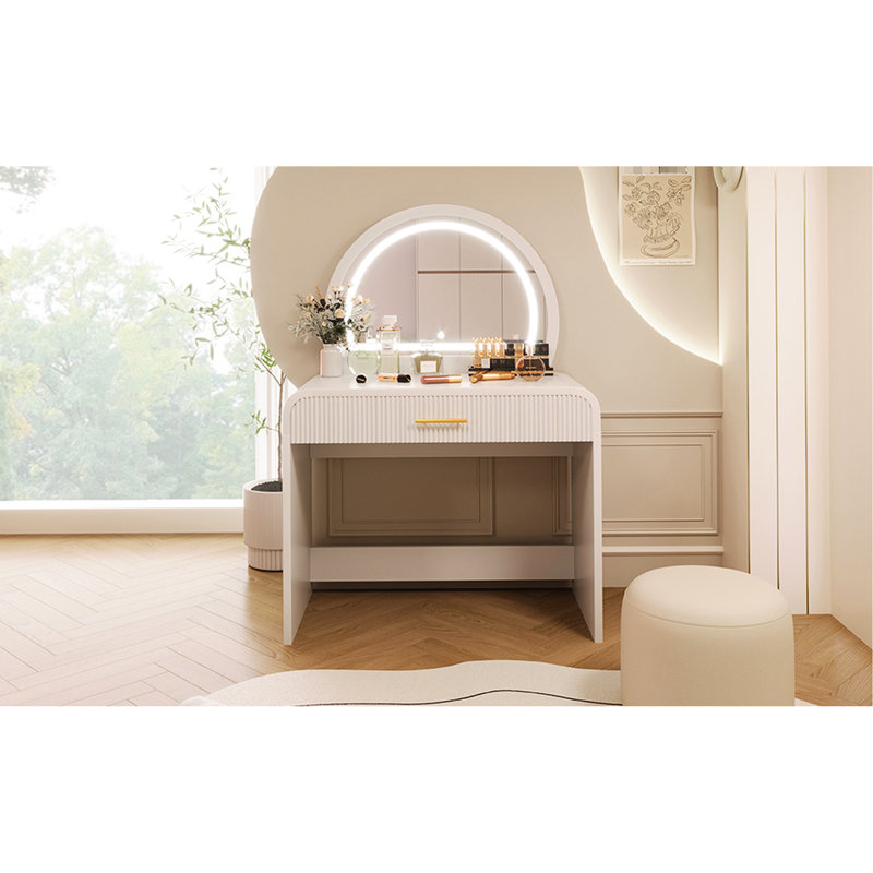 Meuble-lavabo pour chambre à coucher 39 "avec miroir et tiroir éclairés, blanc. Coins courbés. Rangement suffisant pour les essentiels de beauté. Et confortable. Facile à assembler