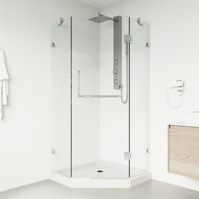 Cabine de douche à charnière sans cadre avec verre transparent 3/8 et base Piedmont l 36 po x P 36 po x H 77 po