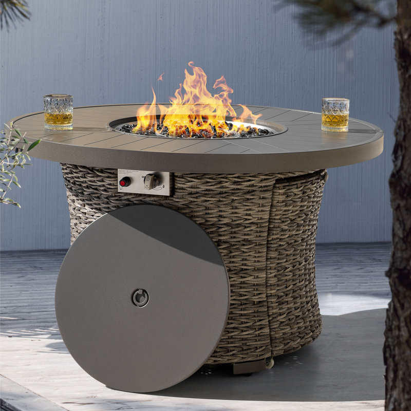 Outdoor Wicker Fire Pit Table, 50,000 Btu Propane Fire Pit With Lid