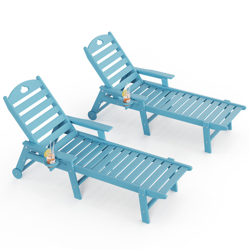 Outdoor Lounge Chair with Cup Holder, Outdoor Chaise Lounge with 6-Position Adjustable Backrest, HDPE Lounge Chair for Poolside, Patio, Deck & Backyard, Chaise Lounge with Wheels
