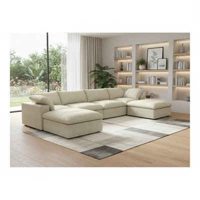 160" Khaki Linen Blend Modular Universal Sofa With Ottoman And Storage