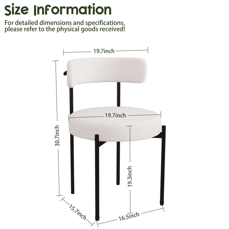 Boucle Dining Chairs Set of 2 Teddy Upholstered Dining Room Chairs Kitchen Chairs with Metal Legs Mid Century Modern Chair for Dining Room, Kitchen (Black Frame+White, 2)