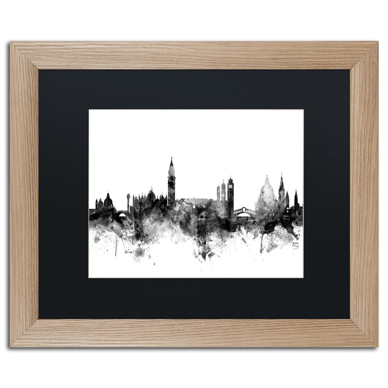 « venice italie horizon b&w », reproduction d’impression sur toile encadrée, H 16 po x l 20 po x P 0,5 po, Cadre brun, Noir