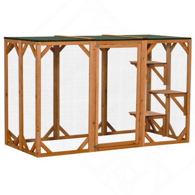 Maison pour chat d'extérieur, abri pour chat en bois Catio, cage pour chat avec plateformes, grande porte d'entrée, toit en asphalte de protection contre les intempéries, L 71 po, orange