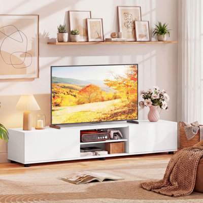 TV Stand for up to 70” TVs, Media Console Table with Double Doors & Open Shelves White