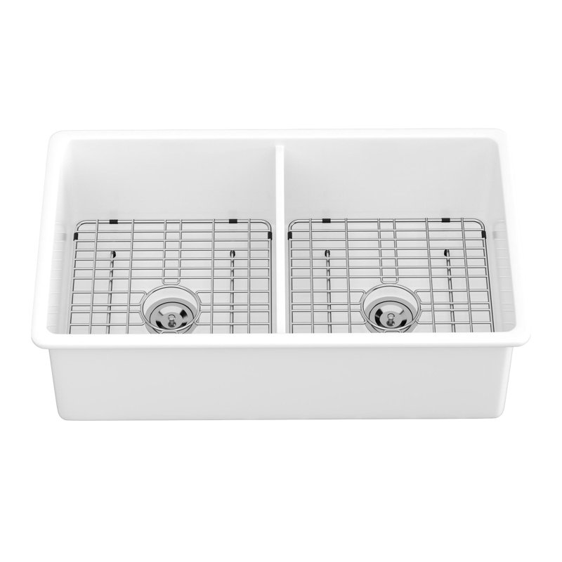 Double Bowl Ceramic Kitchen Sink 32" - White Rectangular Basin For Easy Clean-Up Undermount Hygienic Work