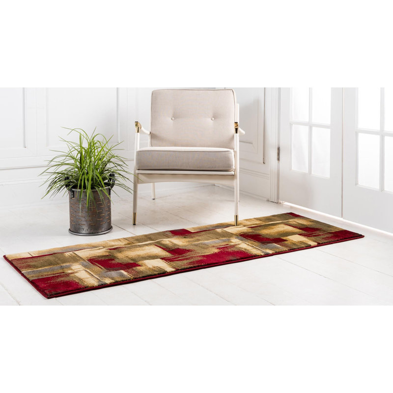 Tapis contemporain Trejo couleur vin carré, Tapis de couloir 2 pi 7 po x 15 pi 11 po