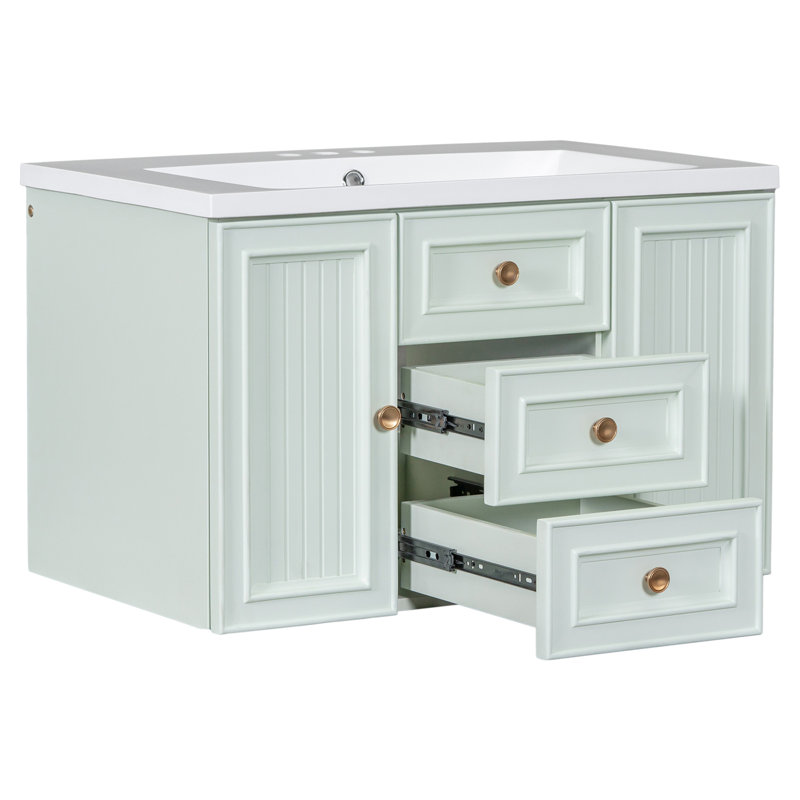 Ensemble de meuble-lavabo mural 30 po avec lavabo, tiroir fonctionnel, panneau en bois massif, panneau de fibres à densité moyenne et céramique