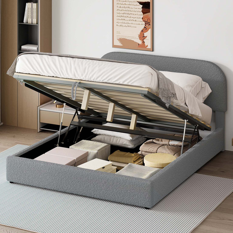 Lit plateforme tapissier Teddy, Gris, Grand lit