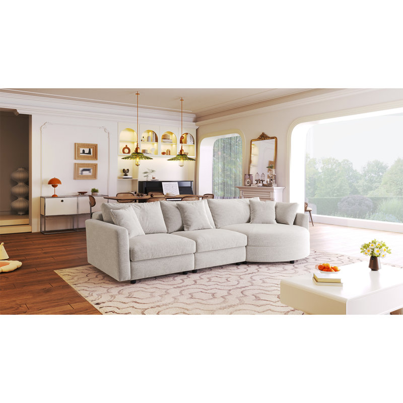 Canapé modulaire 107 pièces en tissu chenille de 107 po, grand canapé en L moderne avec méridienne incurvée arrondie, beige