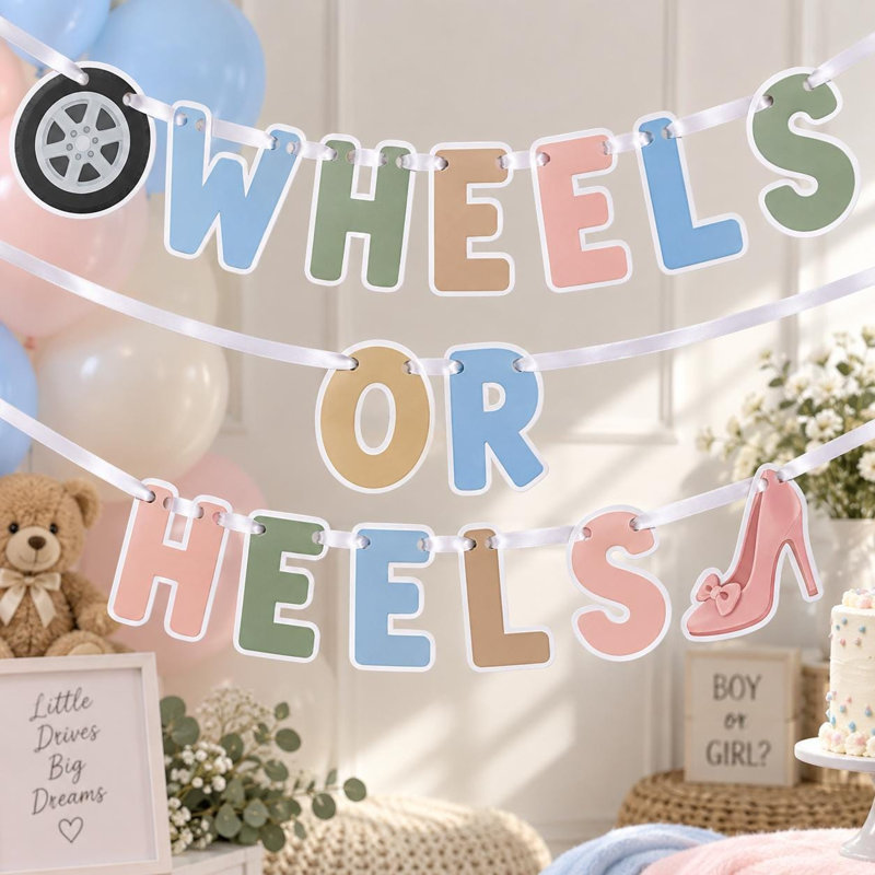 Wheels or Heels Banner, Gender Reveal Party Decor, Handmade Cardstock Garland