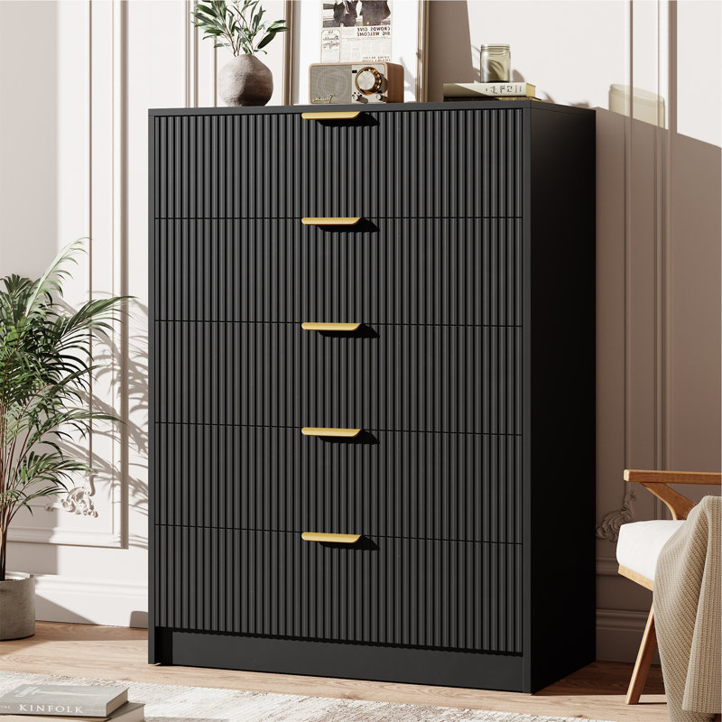 Fluted 5 Drawer Dresser for Bedroom, 43" Tall Modern Chest of Drawers with Large Storage and Metal Handle, Wooden Dresser Organizer for Bedroom, Living Room, Hallway, Black