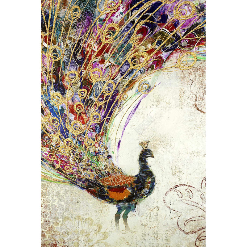 Paon avec plumes dorées - Toile encadrée, décoration de salon, H 37,25 po x l 25,25 po