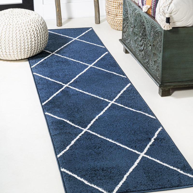 Bertrice Minimalist Diamond Trellis Navy/White Rug, Runner 2' x 10'